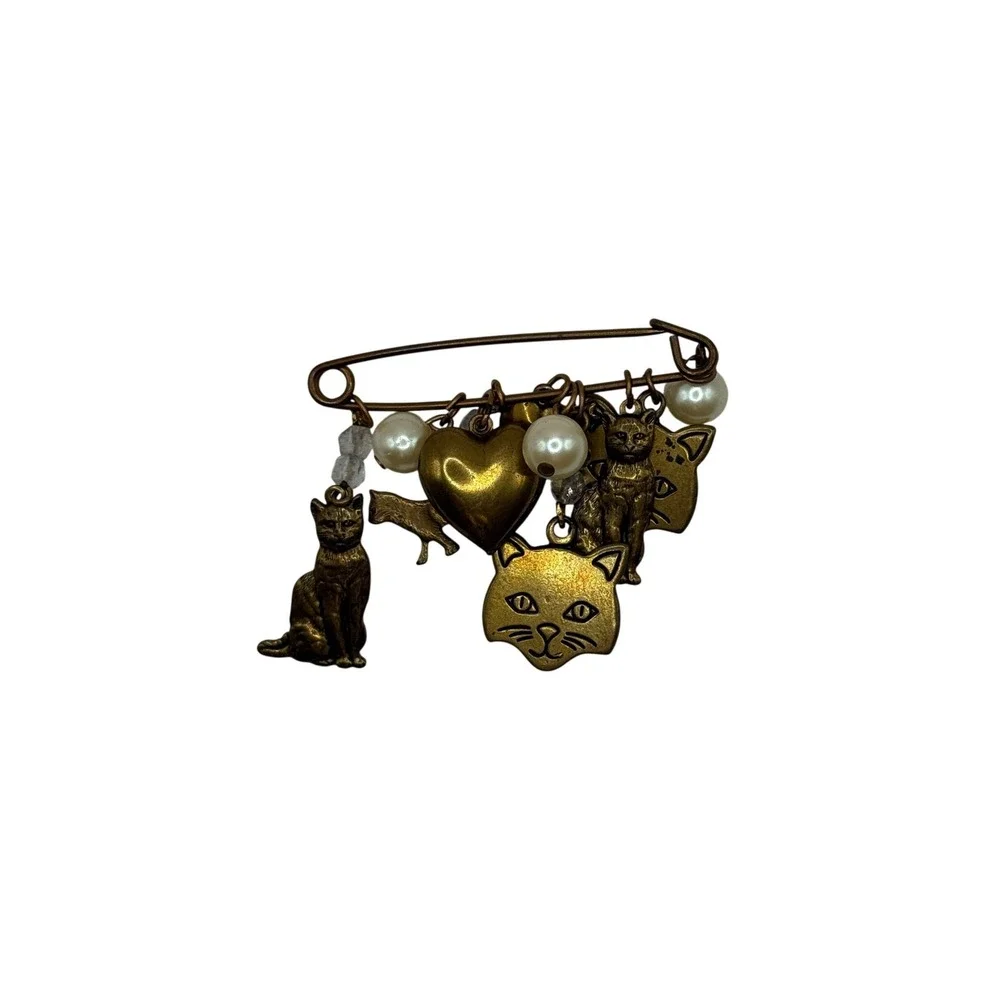 Vintage‎ Whimsical Cat Heart Pearl Charm Safety Pin Brooch Gold Bronze Tone